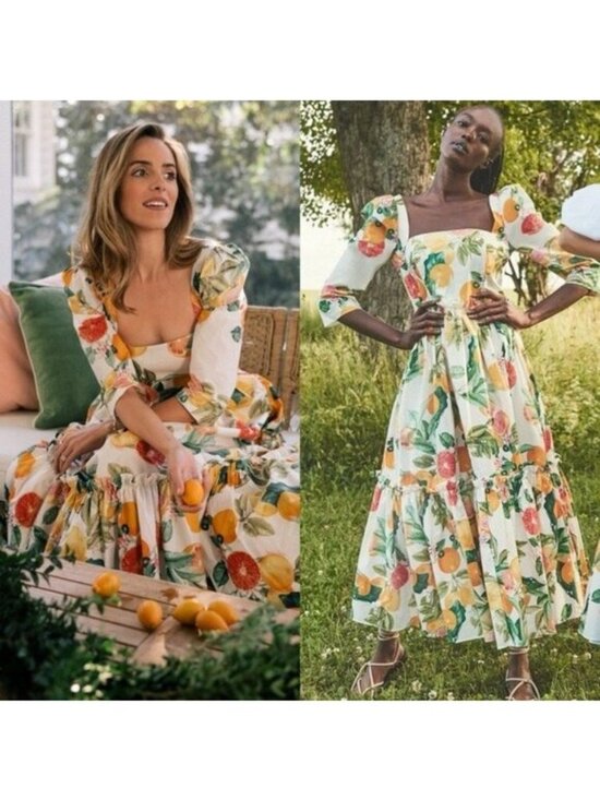 Cara Cara Dresses & Skirts - Cara Cara Blue Hill Citrus Fruit Print Cotton Tiered Maxi Dress Size 2